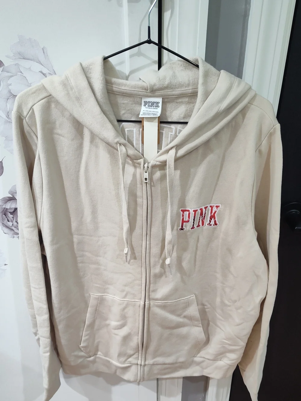 PINK Victoria's Secret Beige Zip-Up Hoodie with Red Logo - Picture 1 of 7